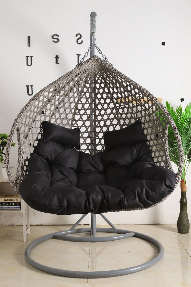 Double Hanging Egg Chair Luxora - Grey Basket & Black Cushion