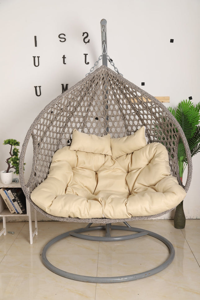 Double Hanging Egg Chair Luxora Model - Grey Basket & Beige Cushion