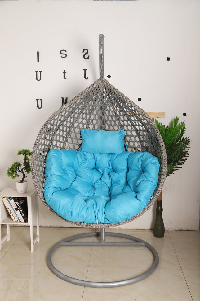 Hanging Egg Chair Luxora Model - Grey Basket & Blue Cushion