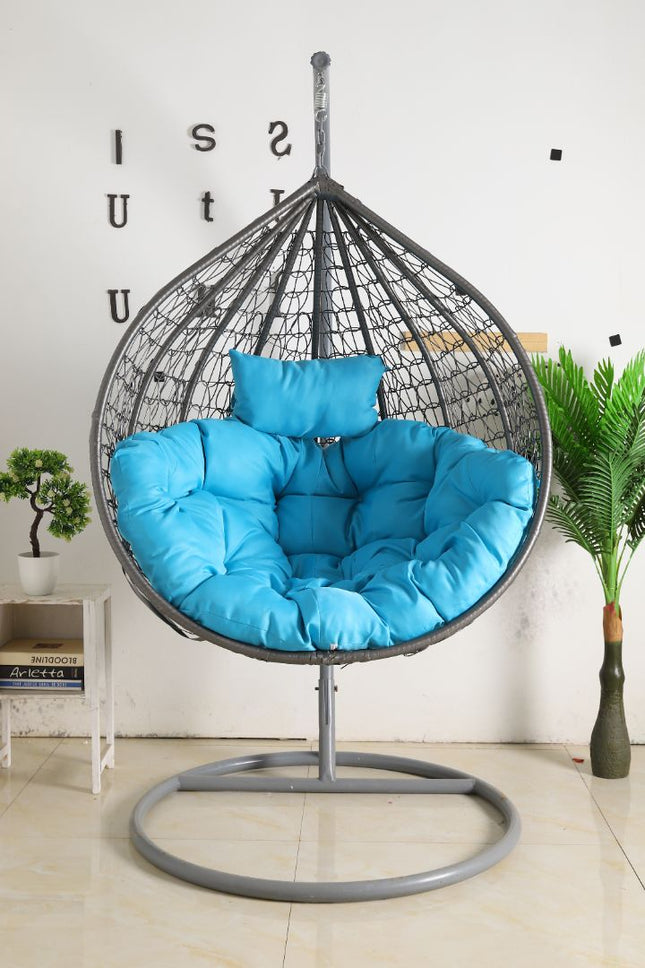 Hanging Egg Chair - Grey Basket & Blue Cushion