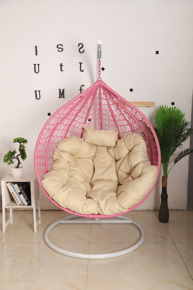 Hanging Egg Chair - Pink Basket & Beige Cushion