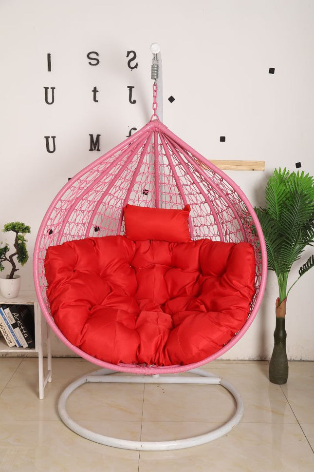 Hanging Egg Chair - Pink Basket & Red Cushion