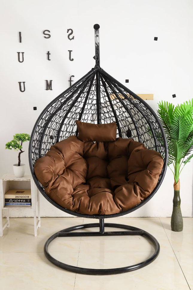 Egg Chair Hanging-  Black Basket & Brown Cushion