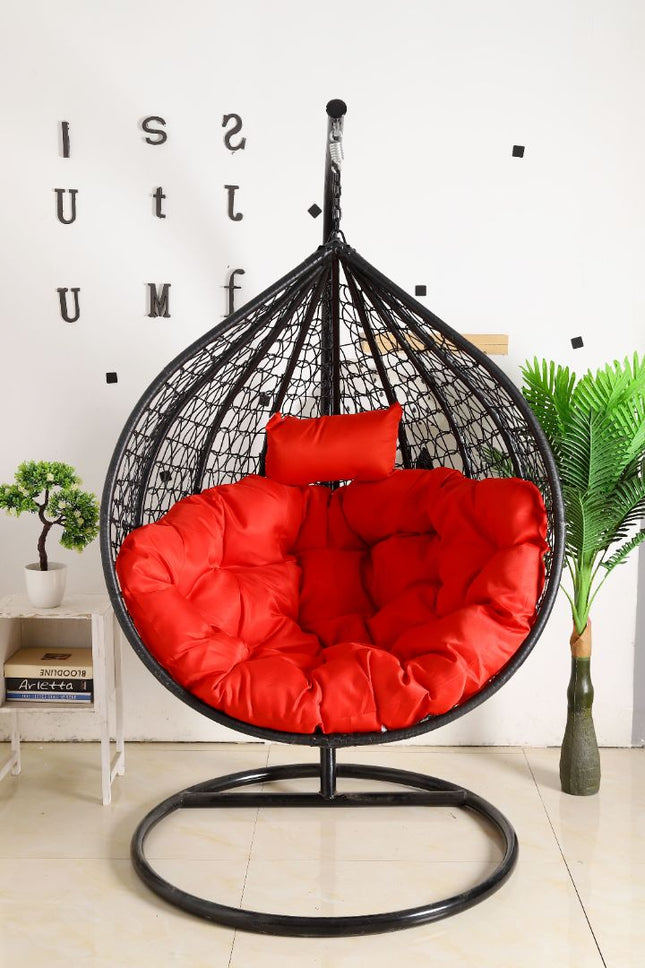 Egg Chair Hanging-  Black Basket & Red Cushion