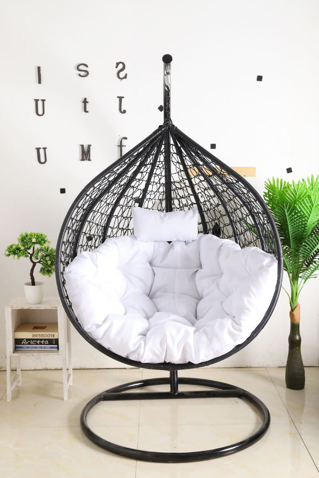 Hanging Egg Chair - Black Basket & White Cushion