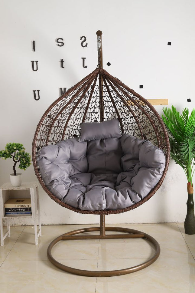 Hanging Egg Chair - Brown Basket & Grey Cushion