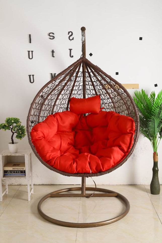 Hanging Egg Chair - Brown Basket & Red Cushion