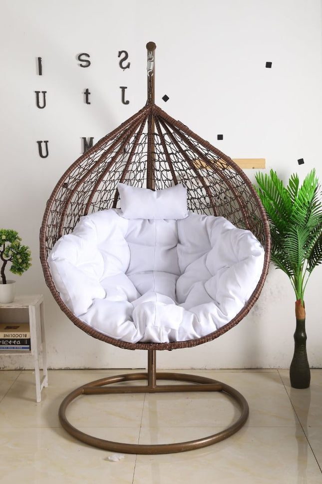 Hanging Egg Chair - Brown Basket & White Cushion