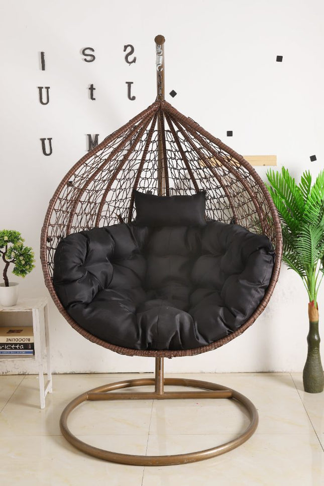 Hanging Egg Chair - Brown Basket & Black Cushion