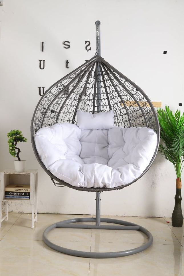 Hanging Egg Chair - Grey Basket & White Cushion