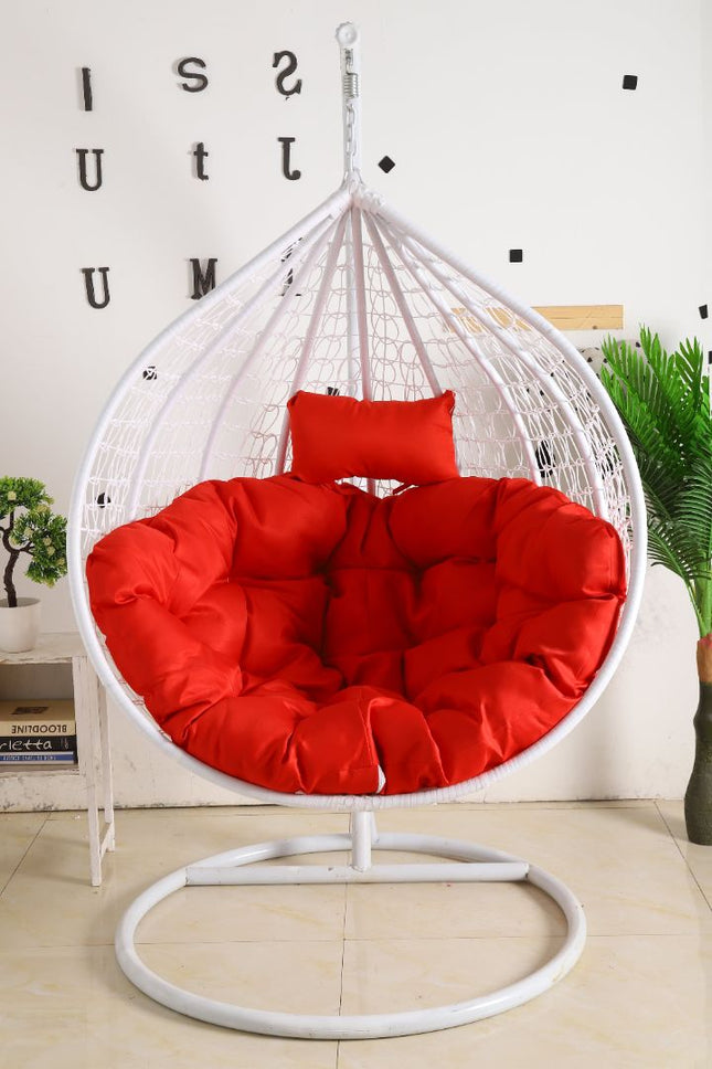 Hanging Egg Chair - White Basket & Red Cushion