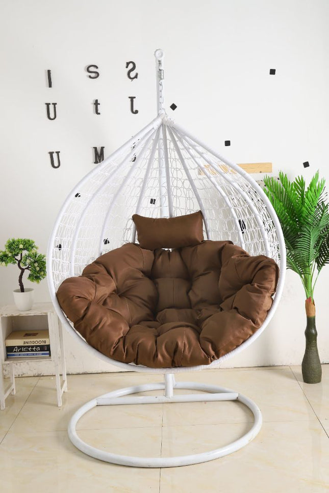 Hanging Egg Chair - White Basket & Brown Cushion