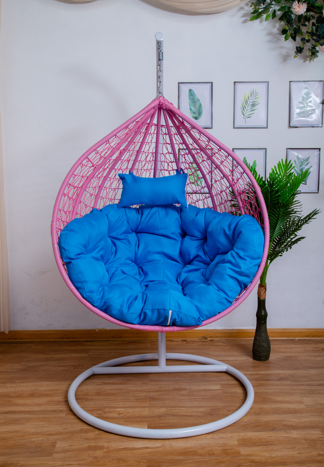 Hanging Egg Chair - Pink Basket & Blue Cushion