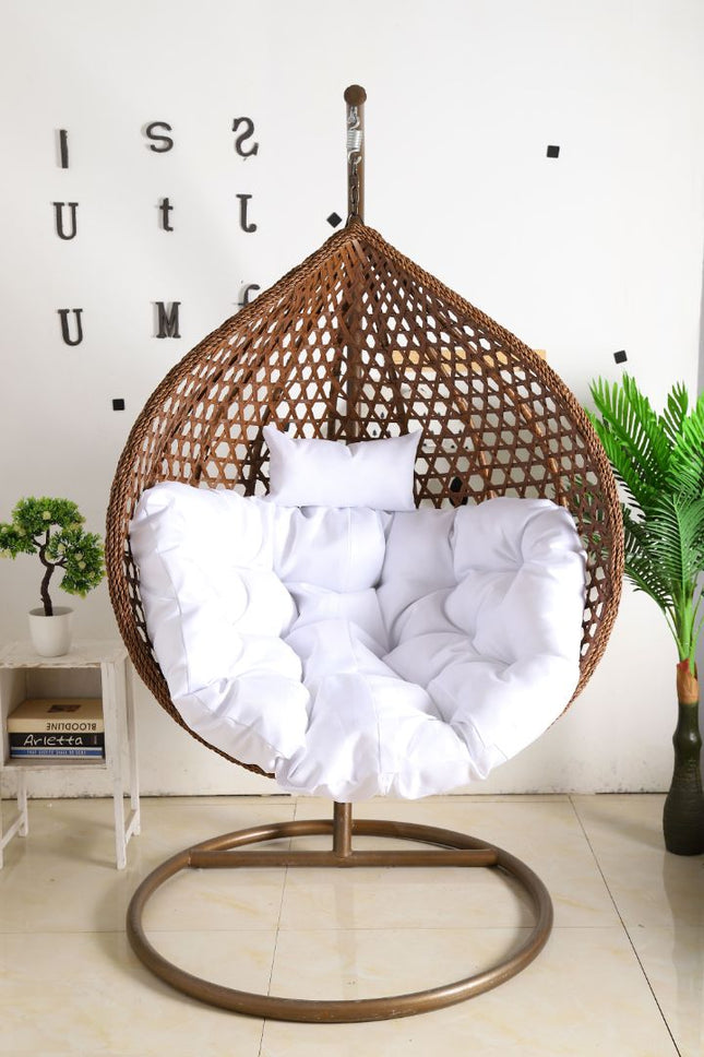 Hanging Egg Chair Luxora Model - Brown Basket & White Cushion