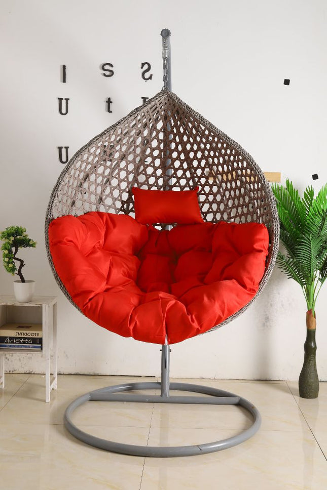 Hanging Egg Chair Luxora Model - Grey Basket & Red Cushion