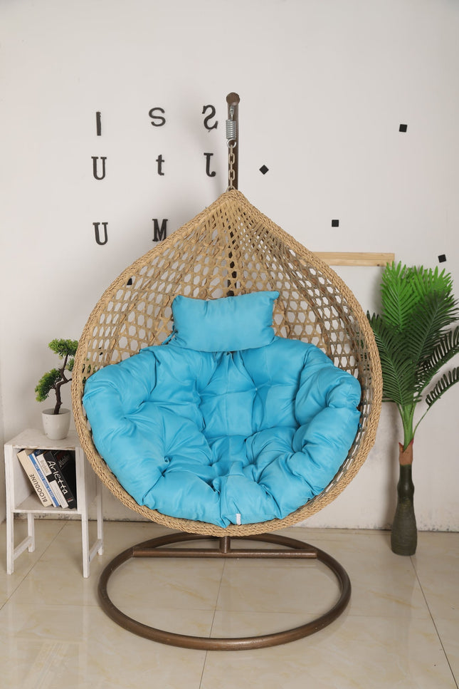 Hanging Egg Chair Luxora Model - Beige Basket & Blue Cushion