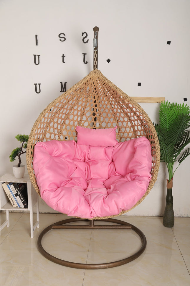 Hanging Egg Chair Luxora Model - Beige Basket & Pink Cushion