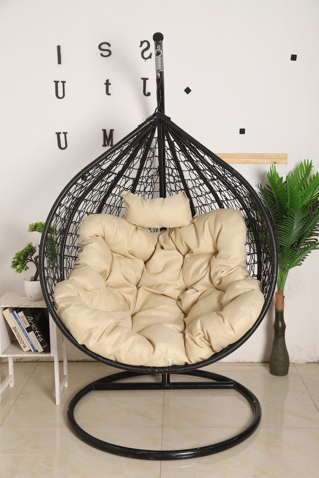 Hanging Egg Chair - Black Basket & Beige Cushion