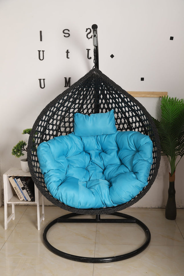 Hanging Egg Chair Luxora Model - Black Basket & Blue Cushion