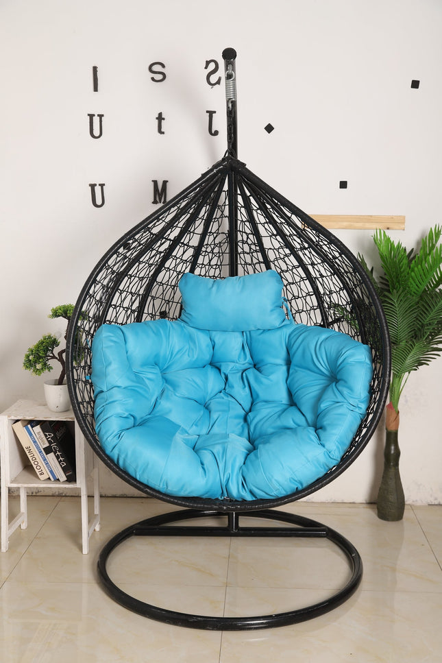 Hanging Egg Chair - Black Basket & Blue Cushion