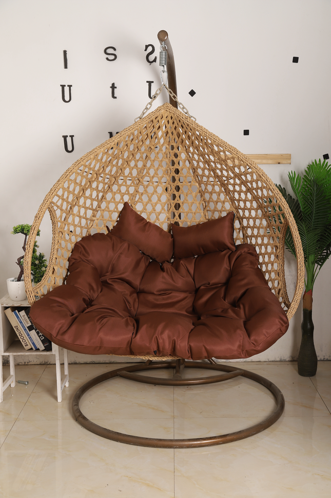 Double Hanging Egg Chair Luxora Model - Beige Basket & Brown Cushion