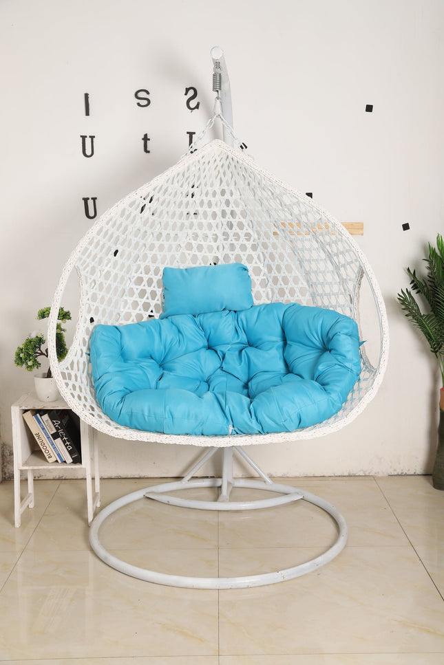 Double Hanging Egg Chair Luxora Model - White Basket & Blue Cushion