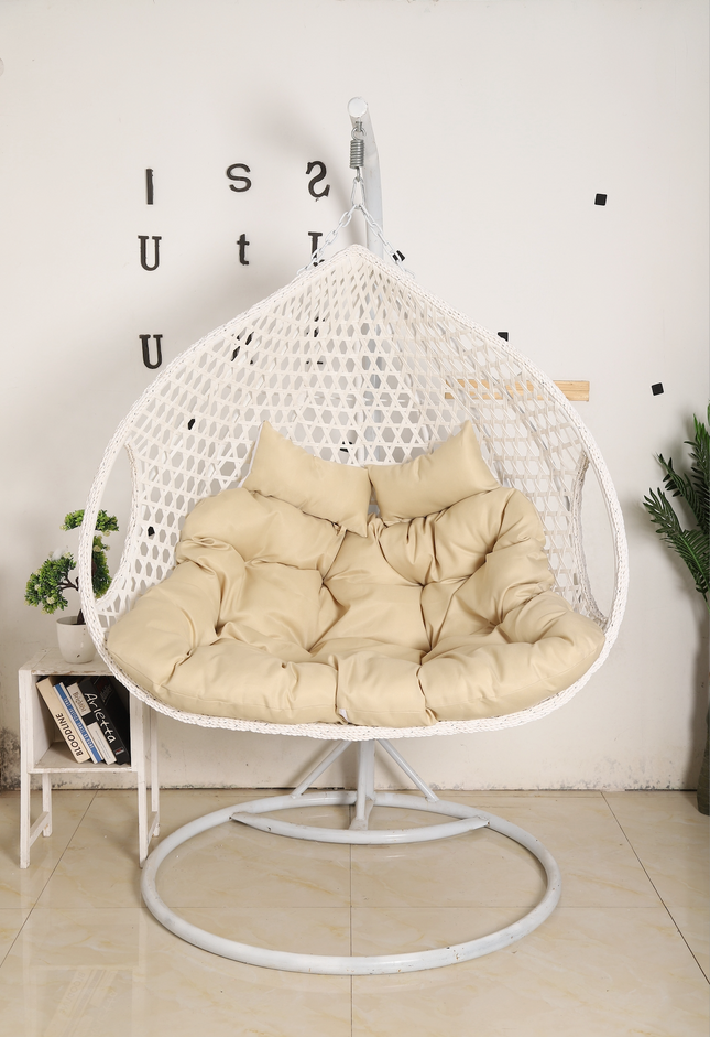 Double Hanging Egg Chair Luxora - White Basket & Beige Cushion