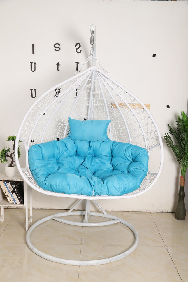 Hanging Egg Chair Double - White Basket & Blue Cushion