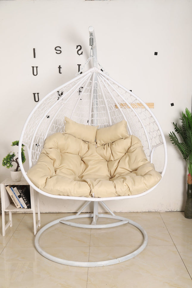 Hanging Egg Chair Double - White Basket & Beige Cushion