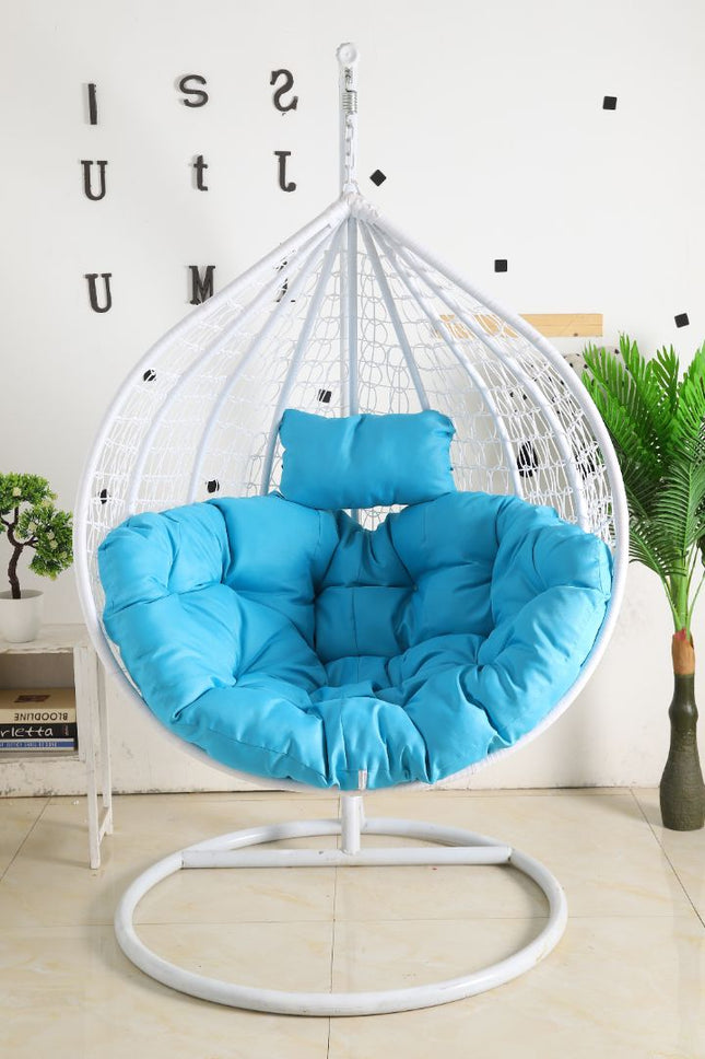 Hanging Egg Chair - White Basket & Blue Cushion