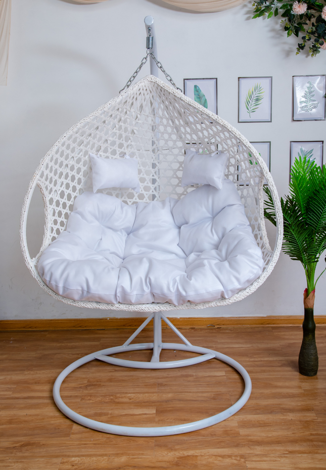 Double Hanging Egg Chair Luxora Model - White Basket & Brown Cushion
