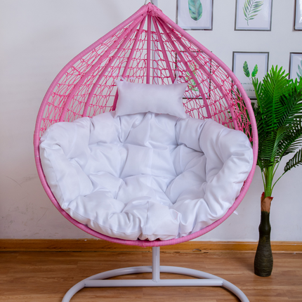 Hanging Egg Chair - Pink Basket & White Cushion