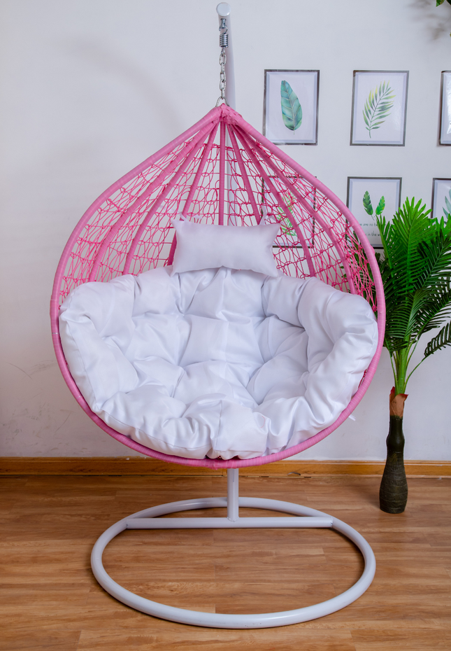 Hanging Egg Chair - Pink Basket & White Cushion
