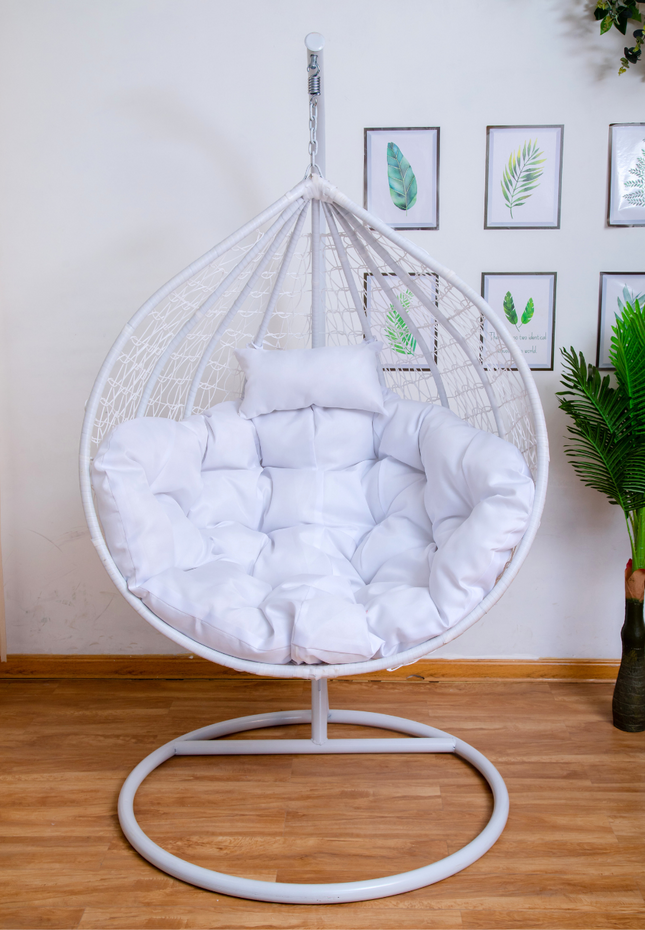 Hanging Egg Chair - White Basket & White Cushion