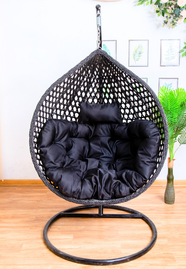 Hanging Egg Chair Luxora Model - Black Basket & Beige Cushion